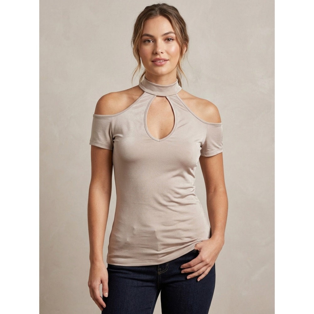 Beige Cold Shoulder Choker Keyhole Top Size Small